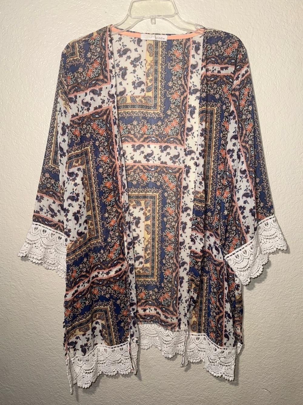 Rewind XL Paisley Tapestry Crochet Lace Trim Sheer Open Front Kimono Boho